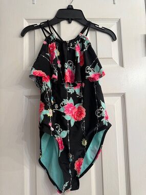 Girls Black Floral One-Piece Swimsuit with Mint Accents size 14-16
